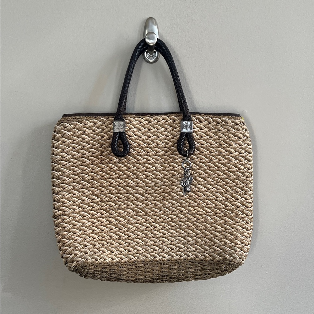 Brighton Rita Woven Jute Tote Bag with brown leather handles